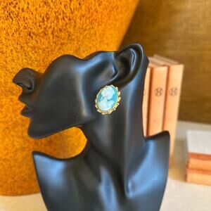 Gold and Blue Cameo Earring Vintage- luxury style hypoallergenic & lightweight